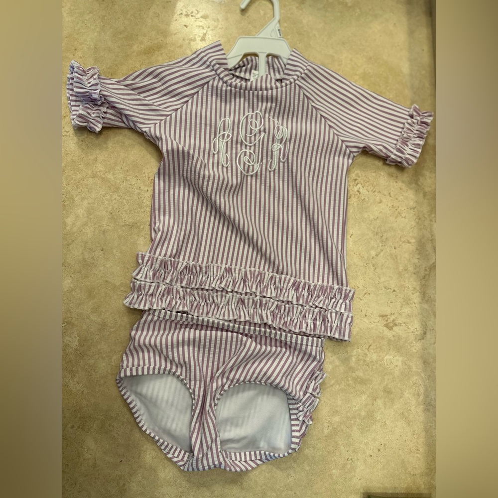 Ruffle butts 3T swim suit purple and white monogram